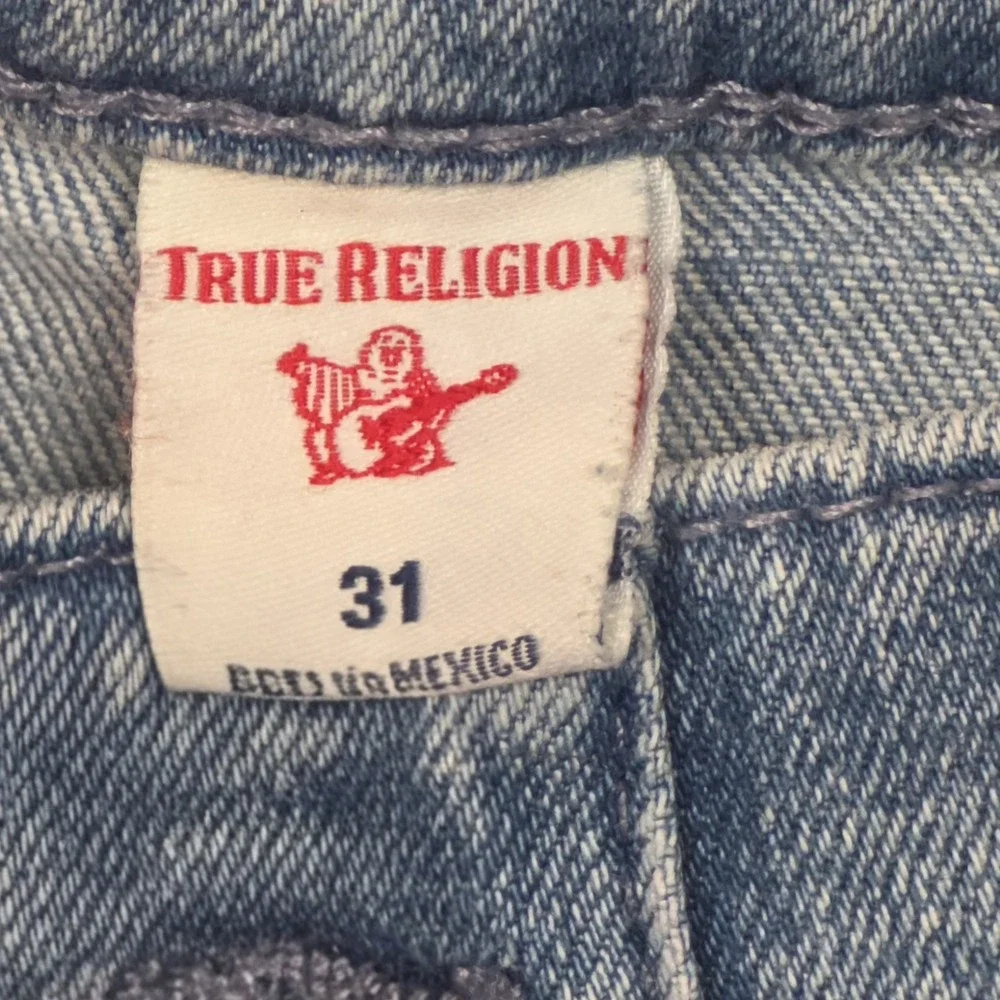 True Religion Geno Relaxed Slim Moto Biker Jeans Mens 31‎ Acid Wash Stretch Blue